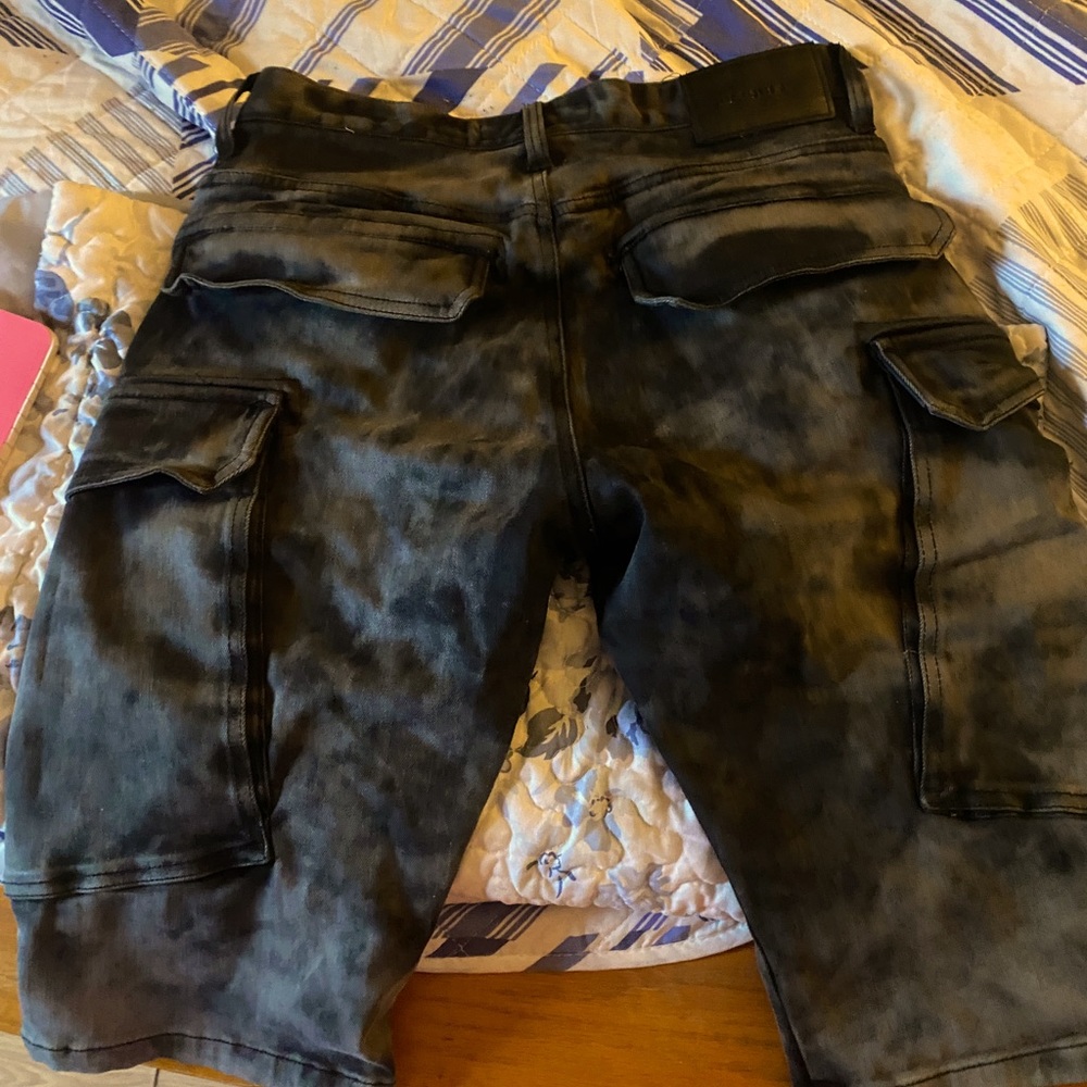 Mens black acid wash jean shorts by DECIBEL.